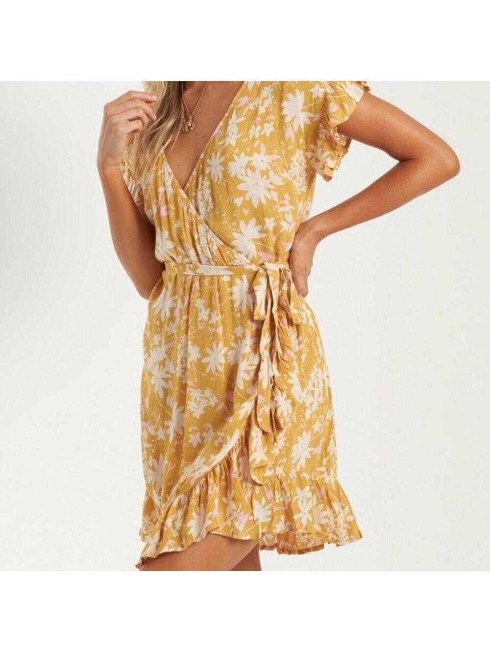 Billabong Women's Yellow  Gold Billabong floral wrap dress  Size S